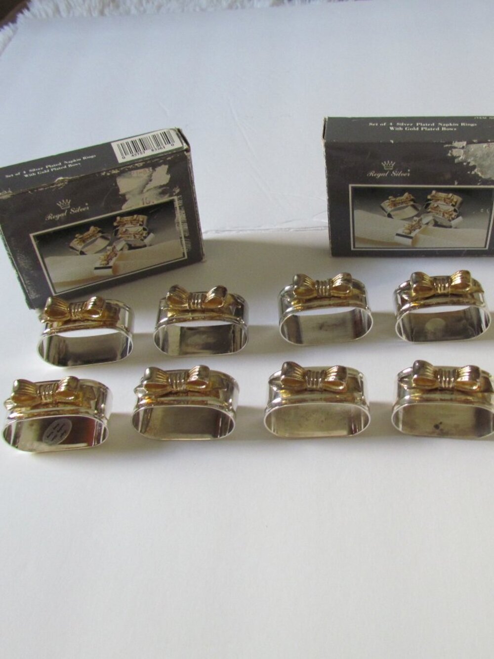 Vintage Silver Plated Napkin Rings w/Gold Plated Bows - 2 Sets of 4 Original Box